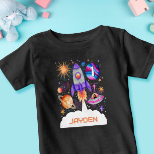 Camiseta Para Bebê Planetas de naves de foguete OVNI e Astronautas
