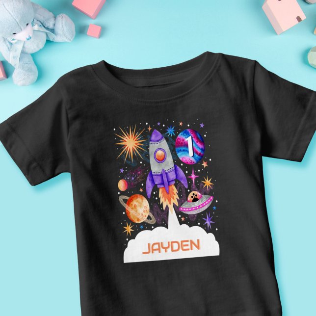 Camiseta Para Bebê Planetas de naves de foguete OVNI e Astronautas (Rocket Ship Planets UFO and Astronaut Space Boys Baby T-Shirt)