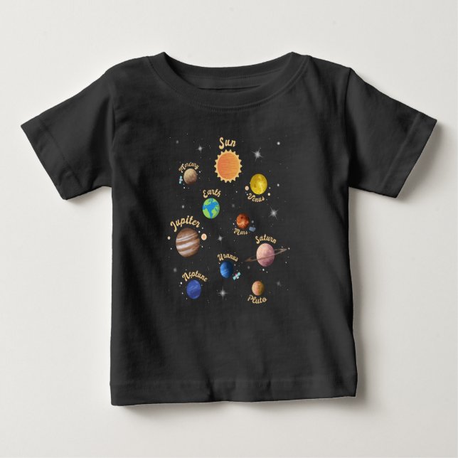 Camiseta Para Bebê Planetas do Sistema Solar Crianças Conhecem Espaço (Frente)