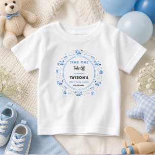 Camiseta Para Bebê Plano Azul Branco 1º Aniversário Hora do Primeiro