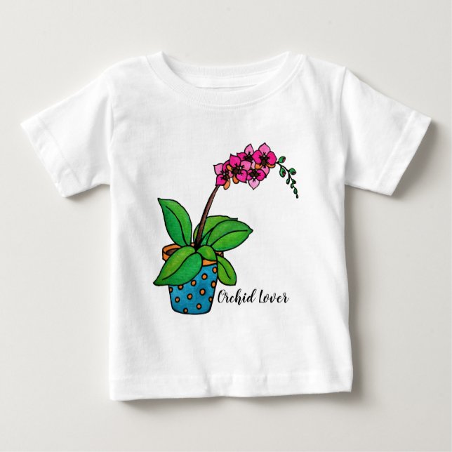 Camiseta Para Bebê Planta De Orquídea De Aquarela Em Belo Pote (Frente)