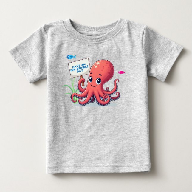 Camiseta Para Bebê Polvo de desenho animado com peixe (Frente)