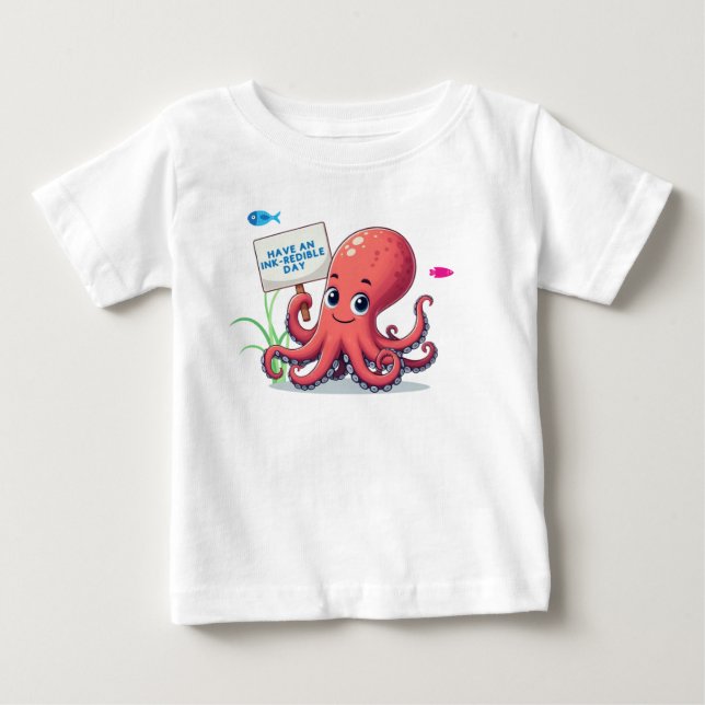 Camiseta Para Bebê Polvo de desenho animado com peixe (Frente)