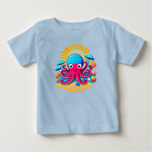 Camiseta Para Bebê Polvo de desenho animado fofo na praia ensolarada