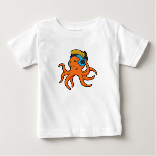 Camiseta Para Bebê Polvo em Música com Fone de Ouvido