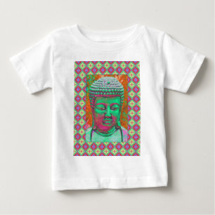 Camiseta Para Bebê Pop Buda com bordas de retalhos em verde e vermelh