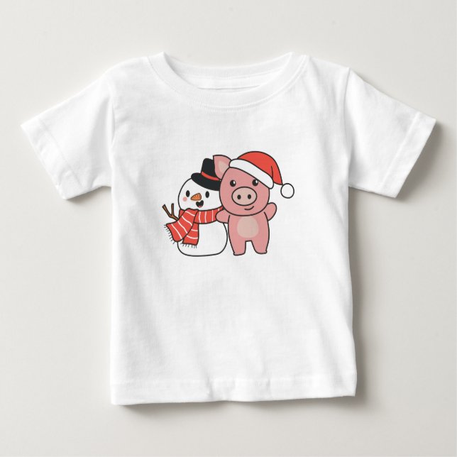 Camiseta Para Bebê Porco Com Neve No Inverno No Natal (Frente)