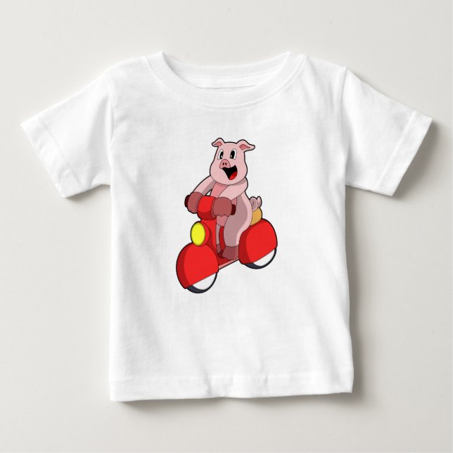 Camiseta Para Bebê Porco como Biker com Patinete (Frente)