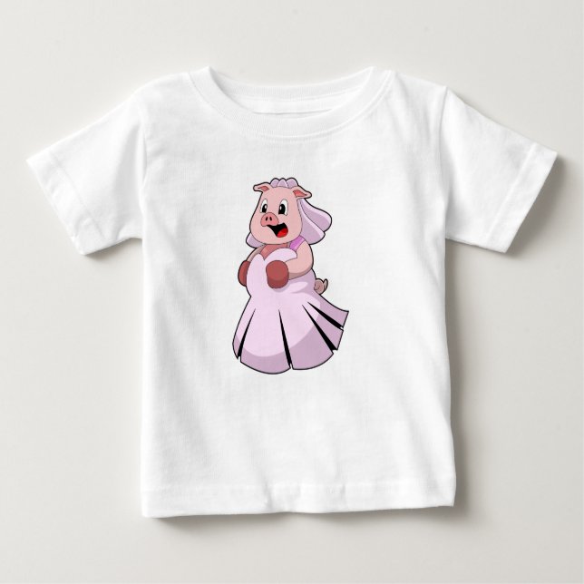 Camiseta Para Bebê Porco como noiva com vestido de noiva.PNG (Frente)
