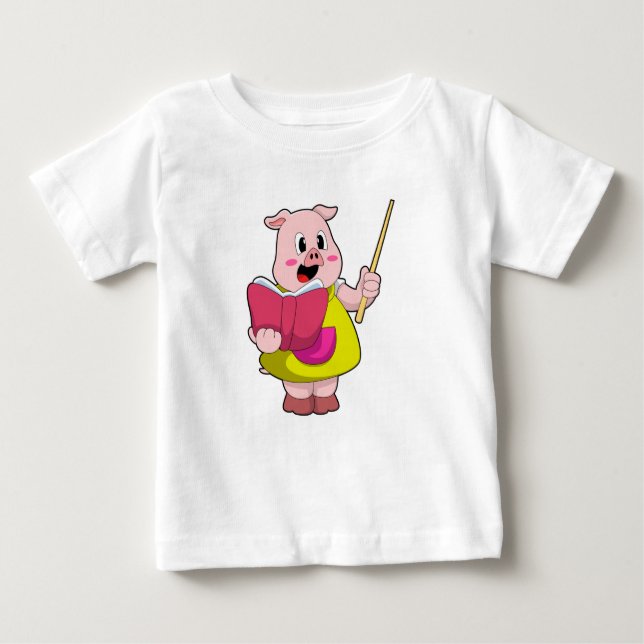 Camiseta Para Bebê Porco como Professor com Livro (Frente)
