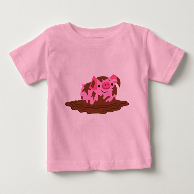 Camiseta Para Bebê Porco de desenho bonito na lama (Frente)