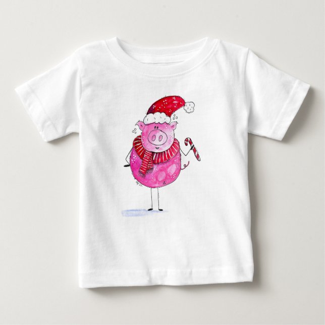 Camiseta Para Bebê Porco de Natal Whimsso (Frente)