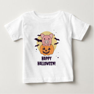 Camiseta Para Bebê Porco Na Abóbora Suínos Felizes Dia das Bruxas