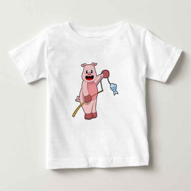 Camiseta Para Bebê Porcos a pescar com canas de pesca e peixes (Frente)