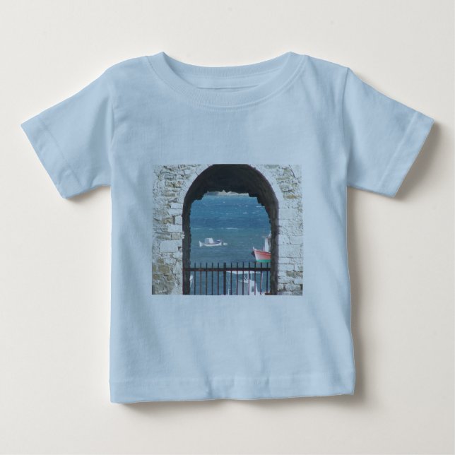 Camiseta Para Bebê Porta grega ao oceano (Frente)