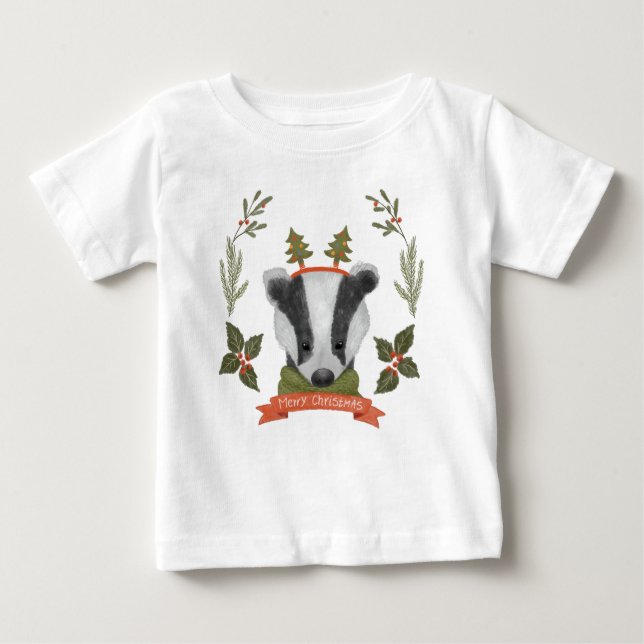 Camiseta Para Bebê Portrait Baby T-Shirt, Retrato de Natal Bonito (Frente)