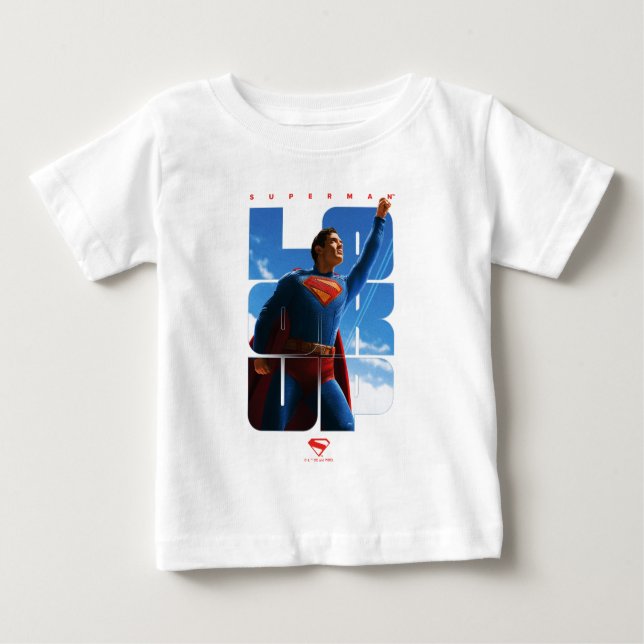 Camiseta Para Bebê Pose de Superman Olhando para Cima (Frente)