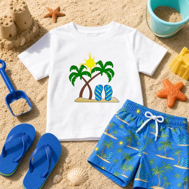 Camiseta Para Bebê Praia Fofa com Palmeiras Bebê (This mockup is a digital representation created using generative AI tools to showcase the design)