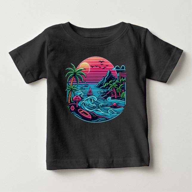 Camiseta Para Bebê Praia neon tropical/havaiana (Frente)