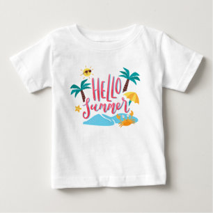 Camiseta Para Bebê Praia - Olá Verão com Palmeiras e Caranguejo