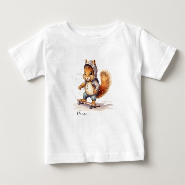 Camiseta Para Bebê Prancha de Neve Esquilo Aquarela (Frente)