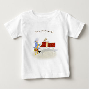Camiseta Para Bebê "Prática Mantém Perfeito" Mozart Tocando Piano