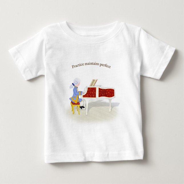 Camiseta Para Bebê "Prática Mantém Perfeito" Mozart Tocando Piano (Frente)