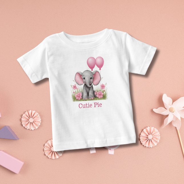 Camiseta Para Bebê Presente Personalizado de Chuveirinho de Bebê Elef (Personalized Baby Elephant Pink Gray Little Girls T-shirt. Baby shower gift for little girl)