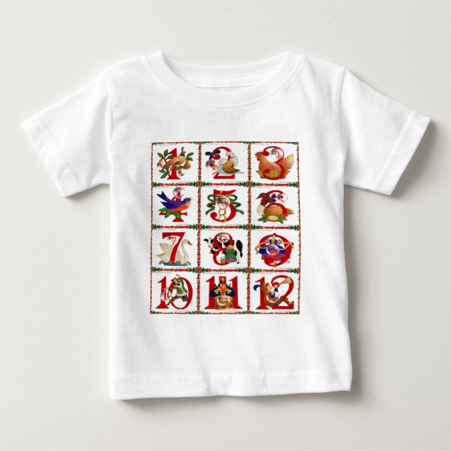 Camiseta Para Bebê Presentes de Quilt Impresso dos 12 Dias de Natal (Frente)