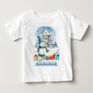 CAMISETA PARA BEBÊ PRESENTES DO NATAL SNOWMAN E COMBOIO DE BRINQUEDOS