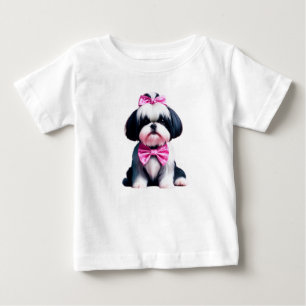 Camiseta Para Bebê Preto e Branco Shh Tzu Adorável com Polka Rosa