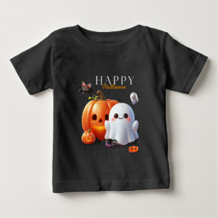 Camiseta Para Bebê Preto e Laranja Fofo Feliz Halloween
