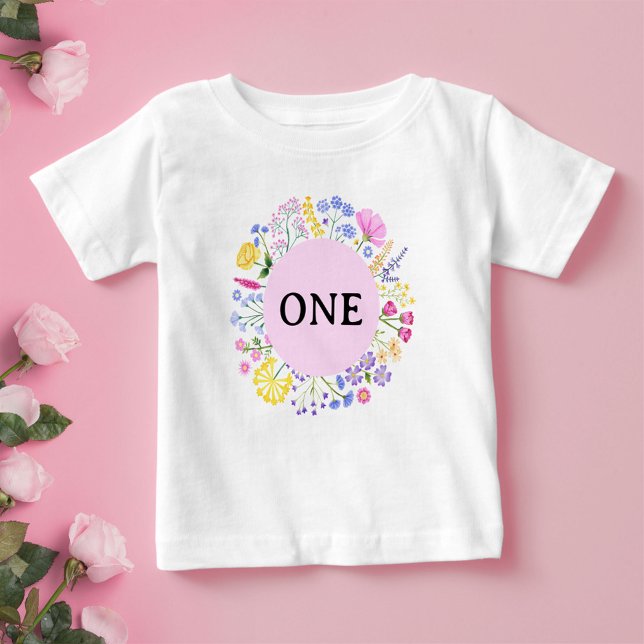 Camiseta Para Bebê Primavera Wildflower First Birday Baby Girl (Spring Wildflower First Birthday Baby Girl Baby T-Shirt)
