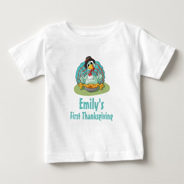 Camiseta Para Bebê Primeira Ação de Graças A Turquia Comendo Abóbora (Frente)