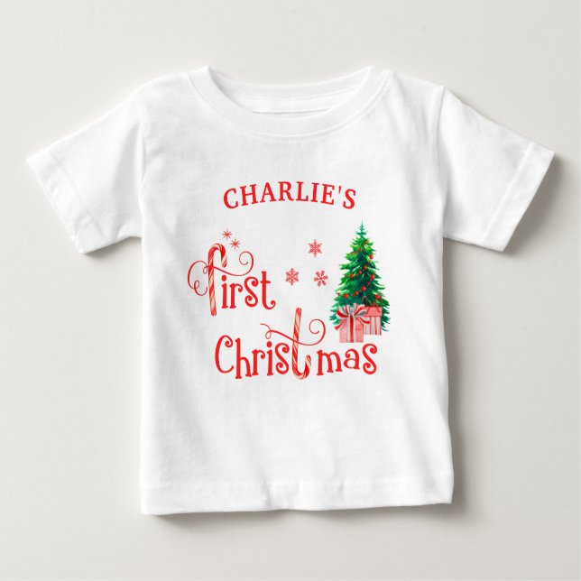 Camiseta Para Bebê Primeira Árvore de Natal do Bebê e Cana de Açúcar  (Frente)