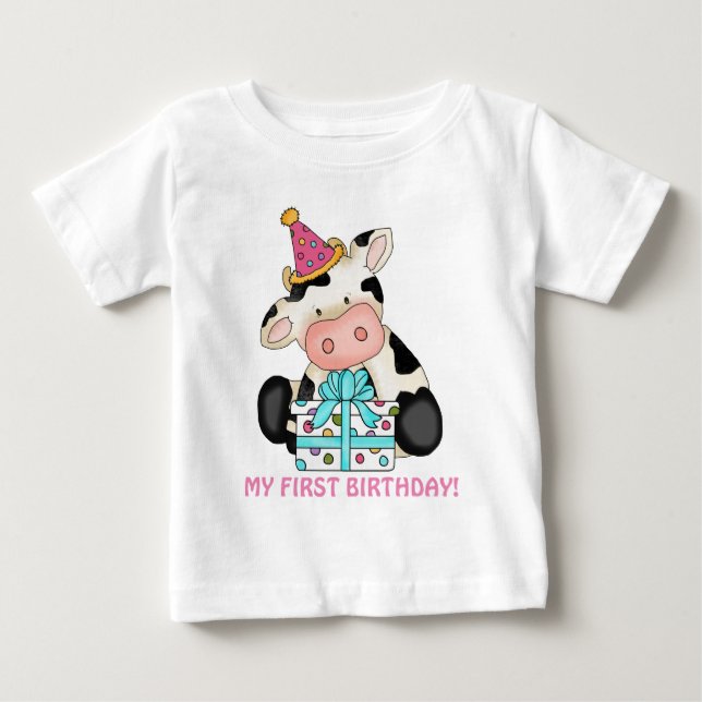 Camiseta Para Bebê Primeira camiseta de bebê de vaca de aniversário (Frente)
