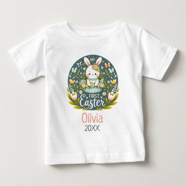 Camiseta Para Bebê Primeira Celebração de Páscoa de Bunny - Personali (Frente)