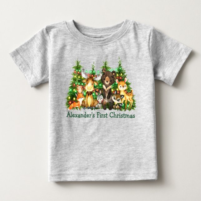 Camiseta Para Bebê Primeira Cinza da Floresta das Luas de Natal (Frente)
