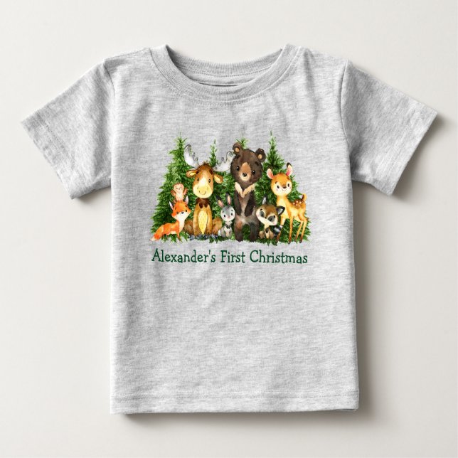 Camiseta Para Bebê Primeira Cinza de Florestas de Peste de Natal (Frente)