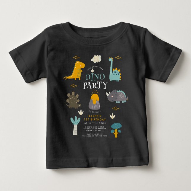 Camiseta Para Bebê Primeira Festa de aniversário do Menino dos Dinoss (Frente)