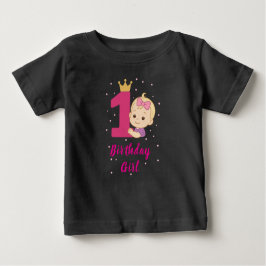 Camiseta Para Bebê Primeira Garota de Aniversário com Coroa e Rosa Nú