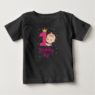 Camiseta Para Bebê Primeira Garota de Aniversário com Coroa e Rosa Nú
