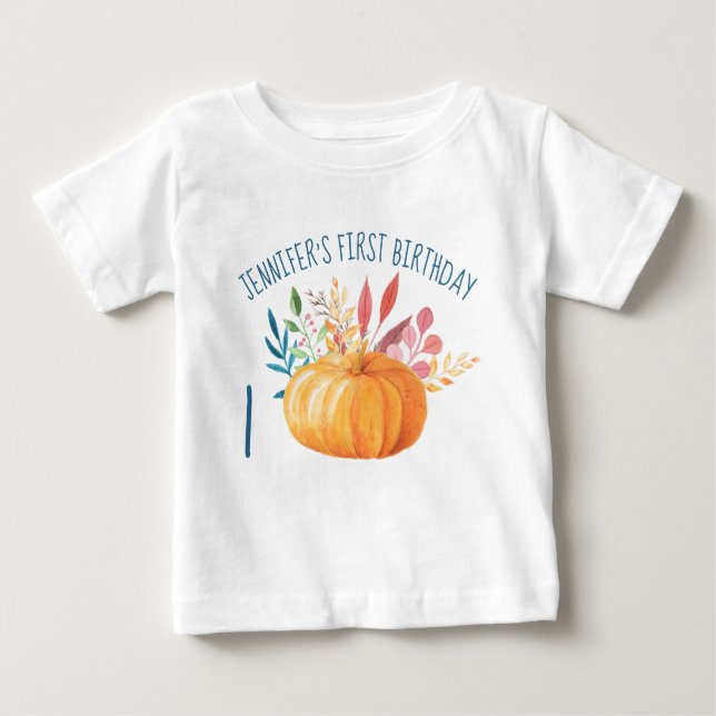 Camiseta Para Bebê Primeira Ilustração de Abóbora Laranja de Aniversá (Frente)