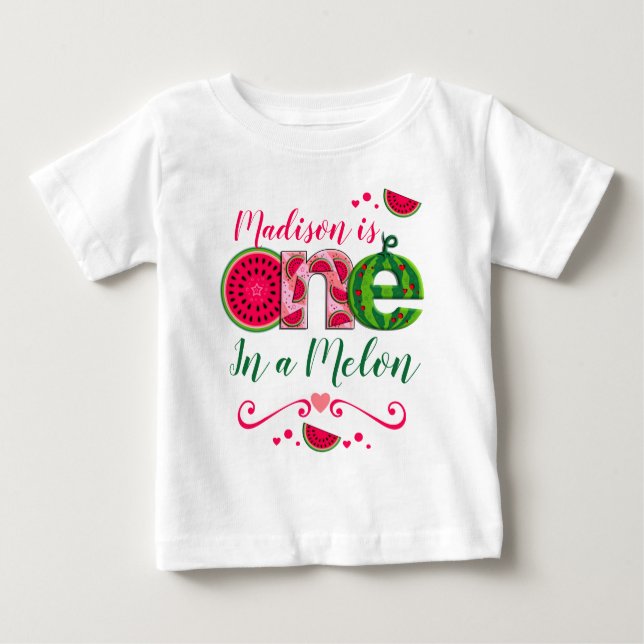 Camiseta Para Bebê Primeira Melancia de Aniversário | Um num melão (Frente)