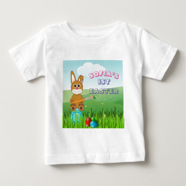 Camiseta Para Bebê Primeira Páscoa do bebê l Pintura Ovos (Frente)