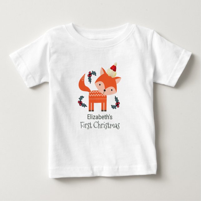 Camiseta Para Bebê Primeira Raposa Laranja De Natal Em Santa Hat Pers (Frente)