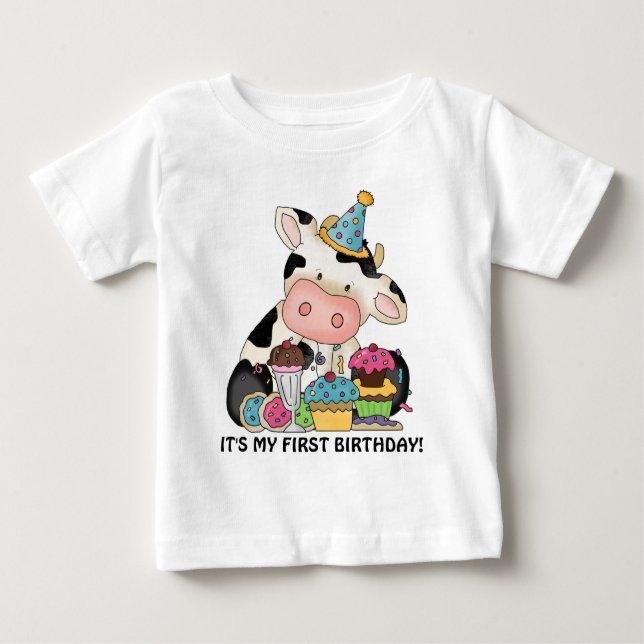 Camiseta Para Bebê Primeira t-shirt de aniversário da vaca unisex (Frente)