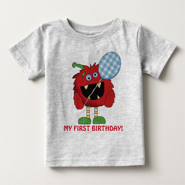 Camiseta Para Bebê Primeira t-shirt de aniversário do pequeno monstro (Frente)