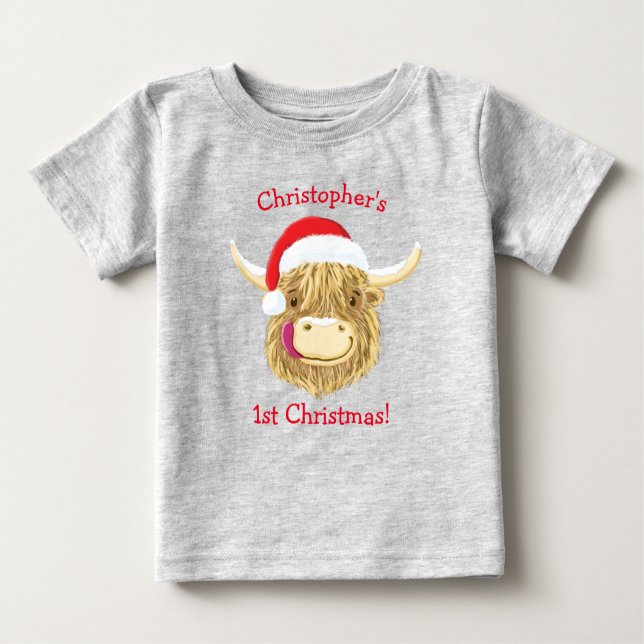 Camiseta Para Bebê Primeira Vaca do Hamish Highland no Natal (Frente)