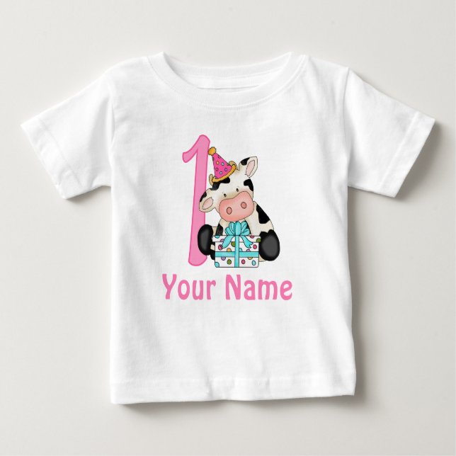 Camiseta Para Bebê Primeira Vaca Rosa de Aniversário (Frente)